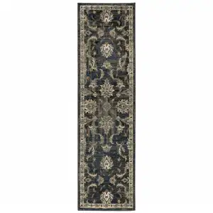 Photo of Charcoal Blue Gold Rust And Beige Oriental Power Loom Stain Resistant Runner Rug