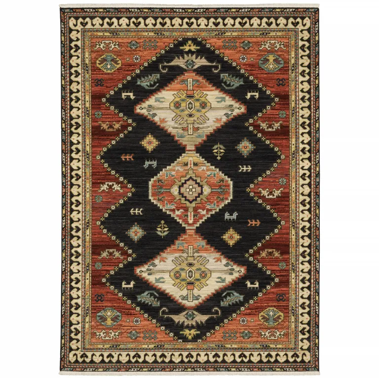 Charcoal Brown Orange Salmon Gold Navy Ivory And Pale Blue Oriental Power Loom Stain Resistant Area Rug With Fringe Photo 1