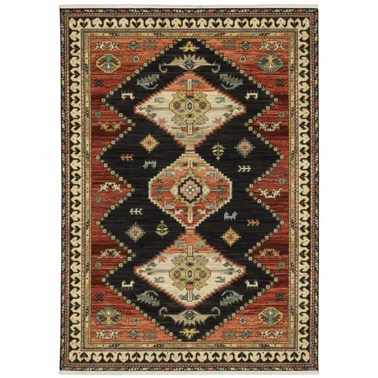 Charcoal Brown Orange Salmon Gold Navy Ivory And Pale Blue Oriental Power Loom Stain Resistant Area Rug With Fringe Photo 1