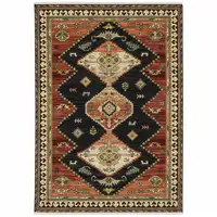 Photo of Charcoal Brown Orange Salmon Gold Navy Ivory And Pale Blue Oriental Power Loom Stain Resistant Area Rug With Fringe