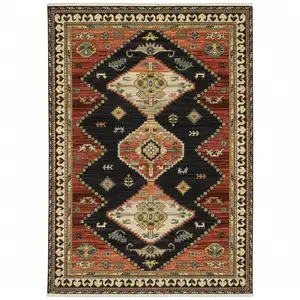 Photo of Charcoal Brown Orange Salmon Gold Navy Ivory And Pale Blue Oriental Power Loom Stain Resistant Area Rug With Fringe