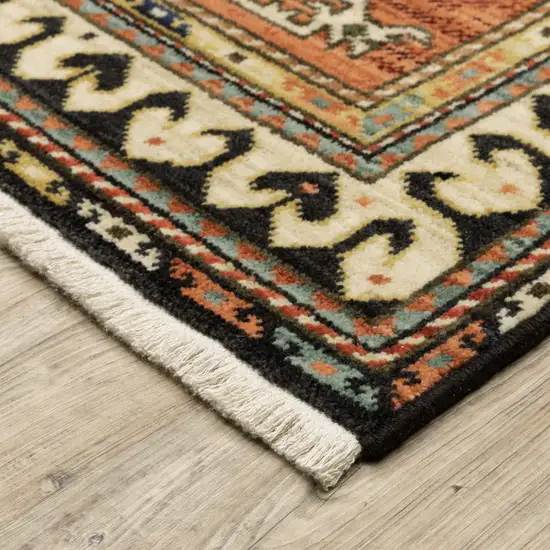 Charcoal Brown Orange Salmon Gold Navy Ivory And Pale Blue Oriental Power Loom Stain Resistant Area Rug With Fringe Photo 5