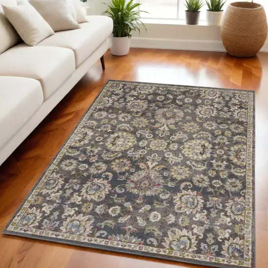 Charcoal Brown and Yellow Floral Distressed Area Rug Photo 1