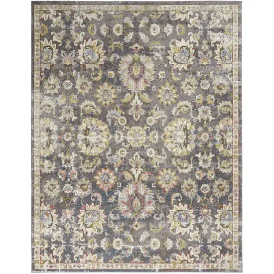 Charcoal Brown and Yellow Floral Distressed Area Rug Photo 2