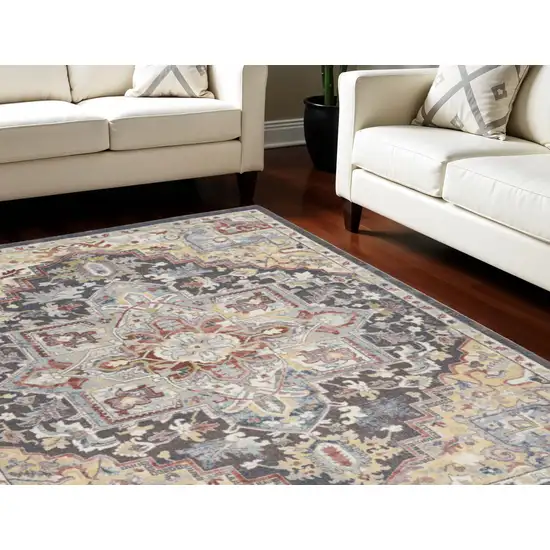 Charcoal Brown and Yellow Floral Distressed Area Rug Photo 1