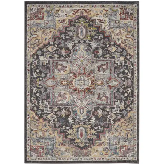 Charcoal Brown and Yellow Floral Medallion Distressed Area Rug Photo 2