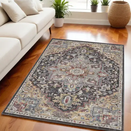 Charcoal Brown and Yellow Floral Medallion Distressed Area Rug Photo 1