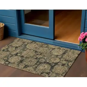 Photo of Charcoal Gold And Tan Floral Washable Indoor Outdoor Area Rug