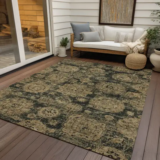 Charcoal Gold And Tan Floral Washable Indoor Outdoor Area Rug Photo 6