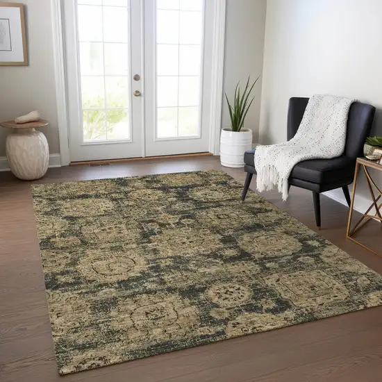 Charcoal Gold And Tan Floral Washable Indoor Outdoor Area Rug Photo 7