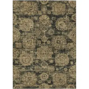 Photo of Charcoal Gold And Tan Floral Washable Indoor Outdoor Area Rug