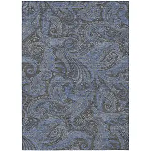 Photo of Charcoal Gray And Blue Paisley Washable Indoor Outdoor Area Rug