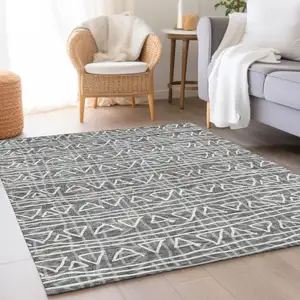 Photo of Charcoal Gray And Ivory Geometric Washable Indoor Outdoor Area Rug