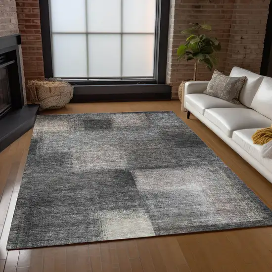 Charcoal Gray And Silver Abstract Washable Indoor Outdoor Area Rug Photo 8