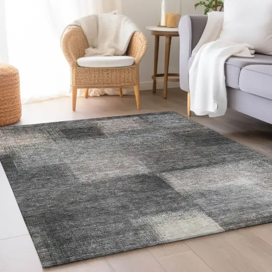 Charcoal Gray And Silver Abstract Washable Indoor Outdoor Area Rug Photo 7