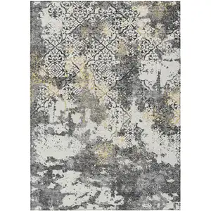 Photo of Charcoal Gray And Silver Floral Washable Indoor Outdoor Area Rug