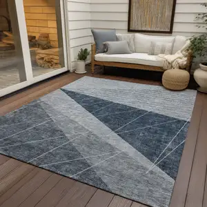 Photo of Charcoal Gray And Silver Geometric Washable Indoor Outdoor Area Rug