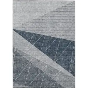 Photo of Charcoal Gray And Silver Geometric Washable Indoor Outdoor Area Rug