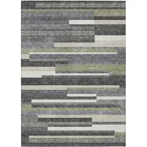 Photo of Charcoal Gray And Silver Striped Washable Indoor Outdoor Area Rug