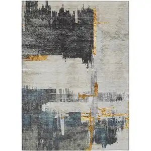 Photo of Charcoal Gray And Tan Abstract Washable Indoor Outdoor Area Rug