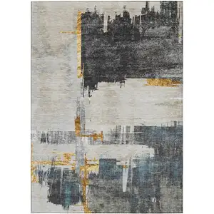 Photo of Charcoal Gray And Tan Abstract Washable Indoor Outdoor Area Rug