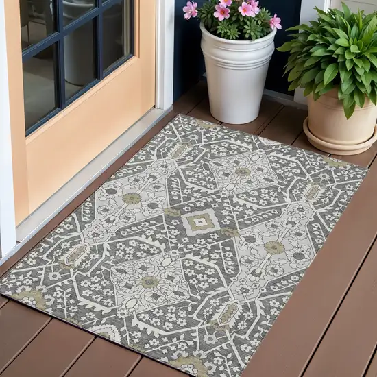 Charcoal Gray And Taupe Floral Washable Indoor Outdoor Area Rug Photo 1