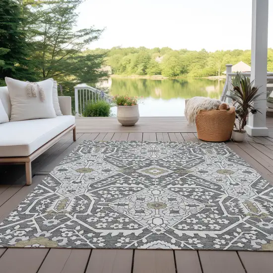 Charcoal Gray And Taupe Floral Washable Indoor Outdoor Area Rug Photo 9