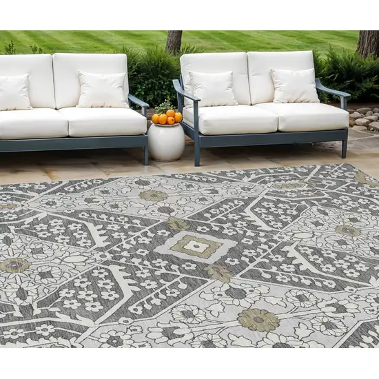 Charcoal Gray And Taupe Floral Washable Indoor Outdoor Area Rug Photo 1