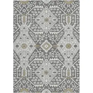 Photo of Charcoal Gray And Taupe Floral Washable Indoor Outdoor Area Rug