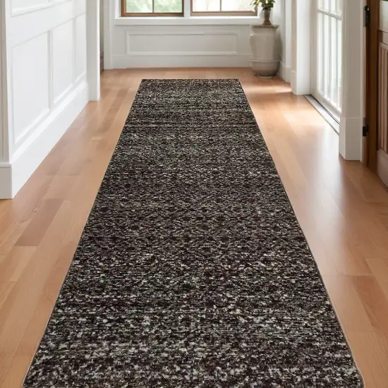 12' Runner Charcoal Grey and Brown Geometric Power Loom Runner Rug Photo 1