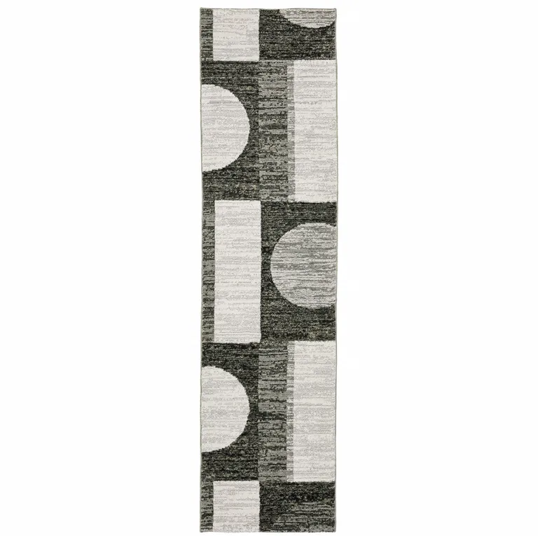 Charcoal Grey And Ivory Geometric Power Loom Stain Resistant Runner Rug Photo 1