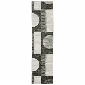 Photo of Charcoal Grey And Ivory Geometric Power Loom Stain Resistant Runner Rug