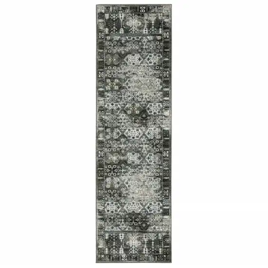 Charcoal Grey Blue Ivory And Taupe Oriental Power Loom Stain Resistant Runner Rug Photo 1