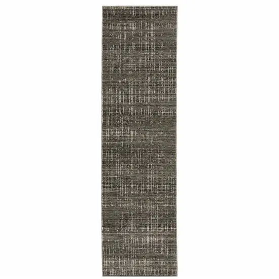 Charcoal Grey Grey Ivory Tan And Brown Abstract Power Loom Stain Resistant Runner Rug Photo 1