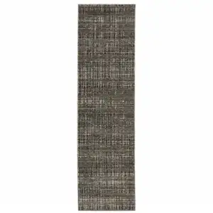 Photo of Charcoal Grey Grey Ivory Tan And Brown Abstract Power Loom Stain Resistant Runner Rug