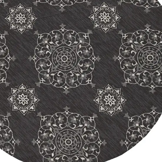 Charcoal Grey Hand Woven UV Treated Floral Disk Indoor Outdoor Area Rug Photo 3