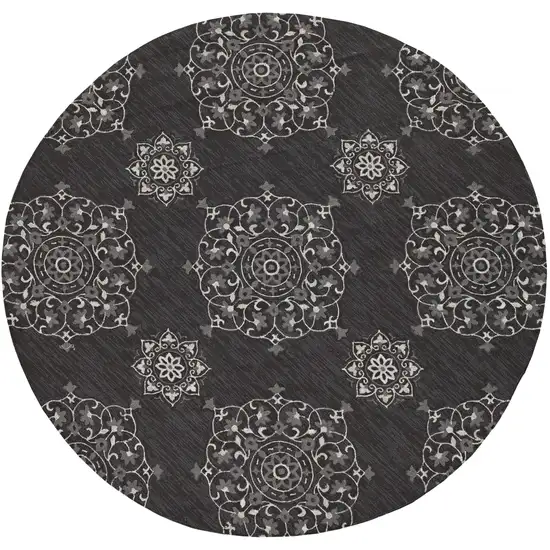 Charcoal Grey Hand Woven UV Treated Floral Disk Indoor Outdoor Area Rug Photo 1