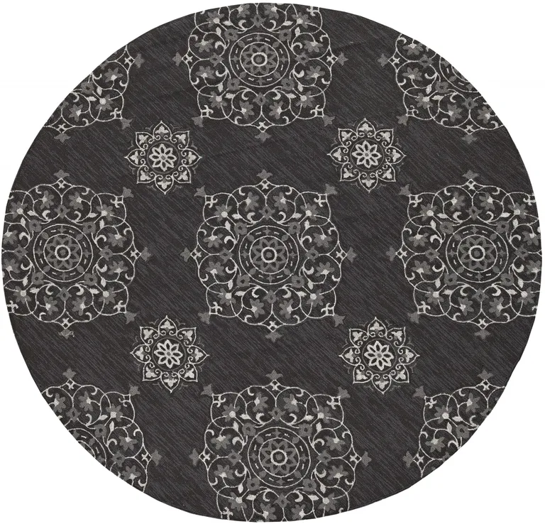 Charcoal Grey Hand Woven UV Treated Floral Disk Indoor Outdoor Area Rug Photo 1