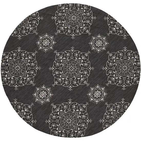 Charcoal Grey Hand Woven UV Treated Geometric Traditional Round Indoor Outdoor Area Rug Photo 4