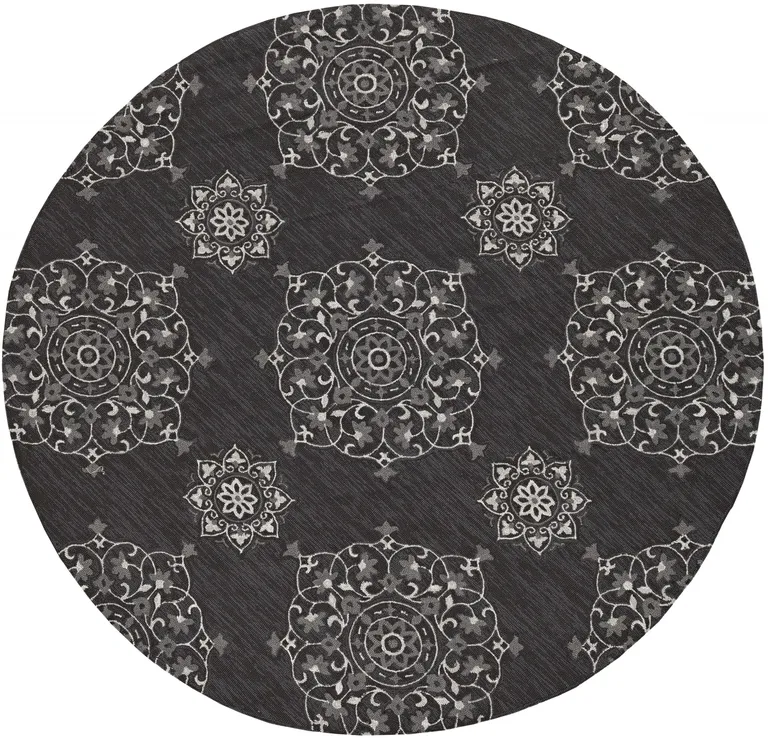 Charcoal Grey Hand Woven UV Treated Geometric Traditional Round Indoor Outdoor Area Rug Photo 1
