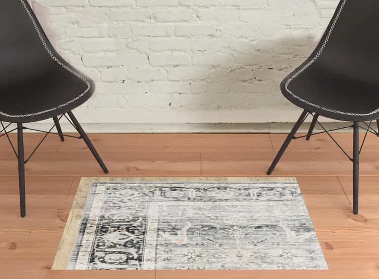 Charcoal Grey Salmon And Ivory Oriental Printed Stain Resistant Non Skid Area Rug Photo 3