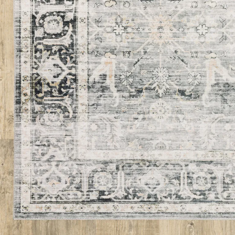 Charcoal Grey Salmon And Ivory Oriental Printed Stain Resistant Non Skid Area Rug Photo 1