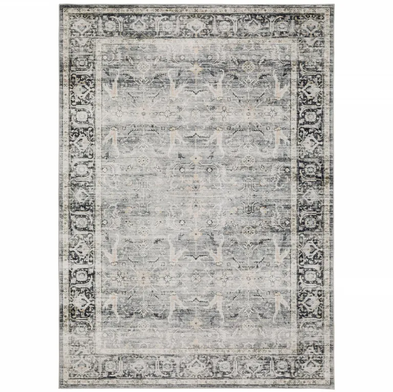 Charcoal Grey Salmon And Ivory Oriental Printed Stain Resistant Non Skid Area Rug Photo 2