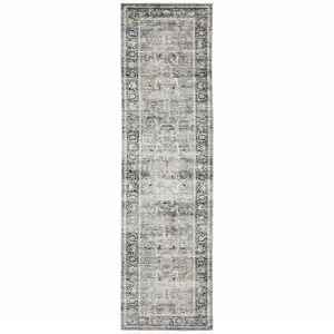 Photo of Charcoal Grey Salmon And Ivory Oriental Printed Stain Resistant Non Skid Runner Rug