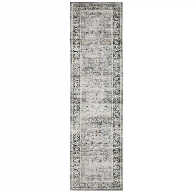 Charcoal Grey Salmon And Ivory Oriental Printed Stain Resistant Non Skid Runner Rug Photo 1