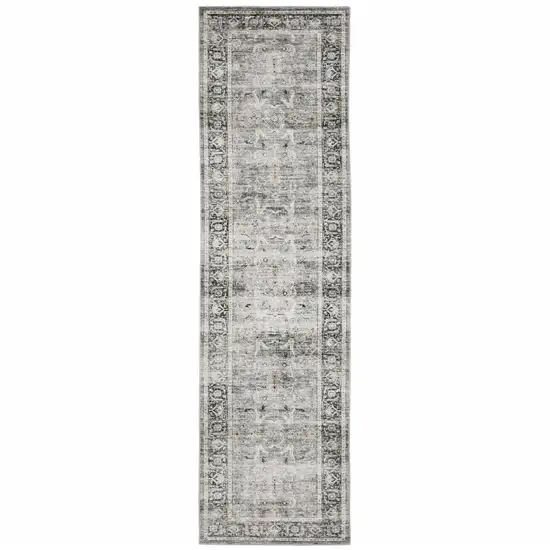 Charcoal Grey Salmon And Ivory Oriental Printed Stain Resistant Non Skid Runner Rug Photo 2