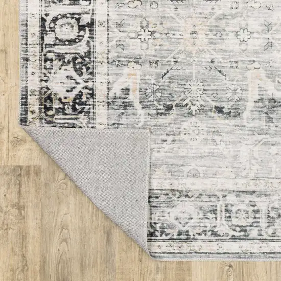 Charcoal Grey Salmon And Ivory Oriental Printed Stain Resistant Non Skid Runner Rug Photo 8