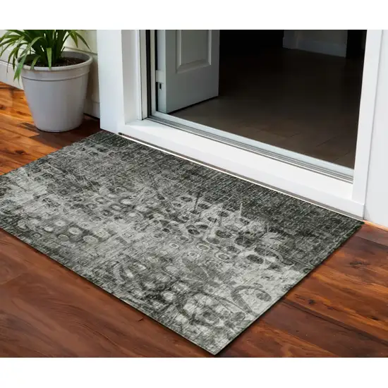 Charcoal Ikat Washable Non Skid Indoor Outdoor Area Rug Photo 1