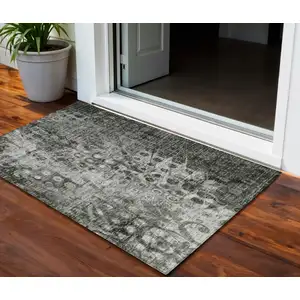 Photo of Charcoal Ikat Washable Non Skid Indoor Outdoor Area Rug