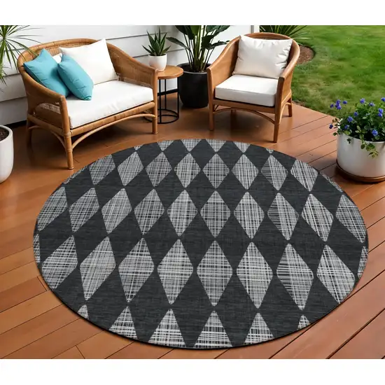 Charcoal Round Geometric Washable Non Skid Indoor Outdoor Area Rug Photo 1